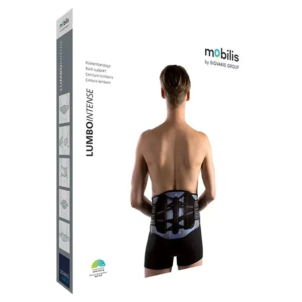 Cinto de suporte lombar Sigvaris Mobilis LumboIntense, 21 cm de altura, tamanho XL, azul/cinza