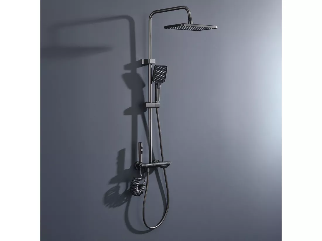 Colonne de Douche Noir avec LED et Affichage Numérique, Ensemble de Douche à 4 Fonctions, Étagère de Rangement Intégrée et Système en Laiton