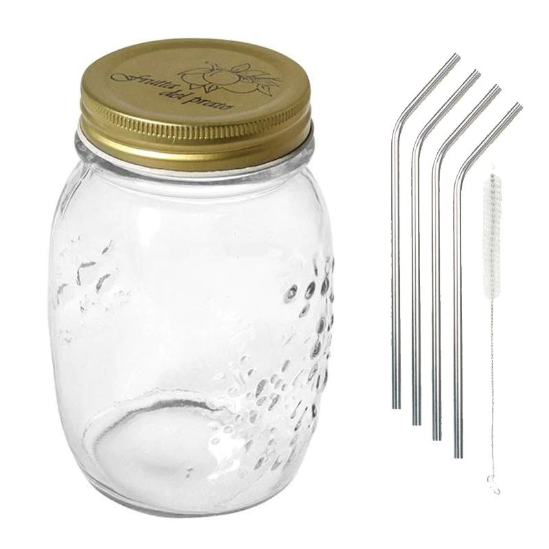 Bocal avec couvercle à visser 50 cl + 4 pailles en inox Youdoit