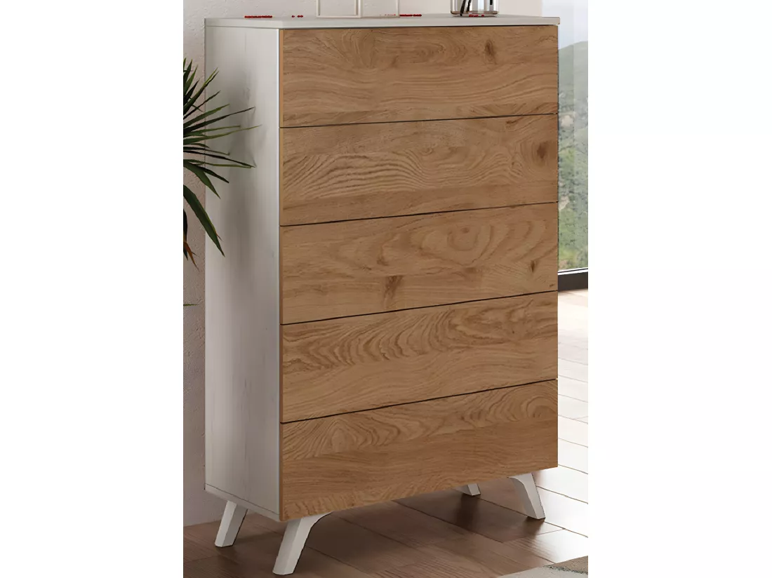 Chiffonnier, meuble de rangement coloris andersen/blanc - Longueur 60 x Profondeur 37.8 x Hauteur 118.5 cm