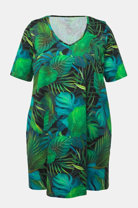 Longshirt, Blätter, A-Linie, V-Ausschnitt, Halbarm