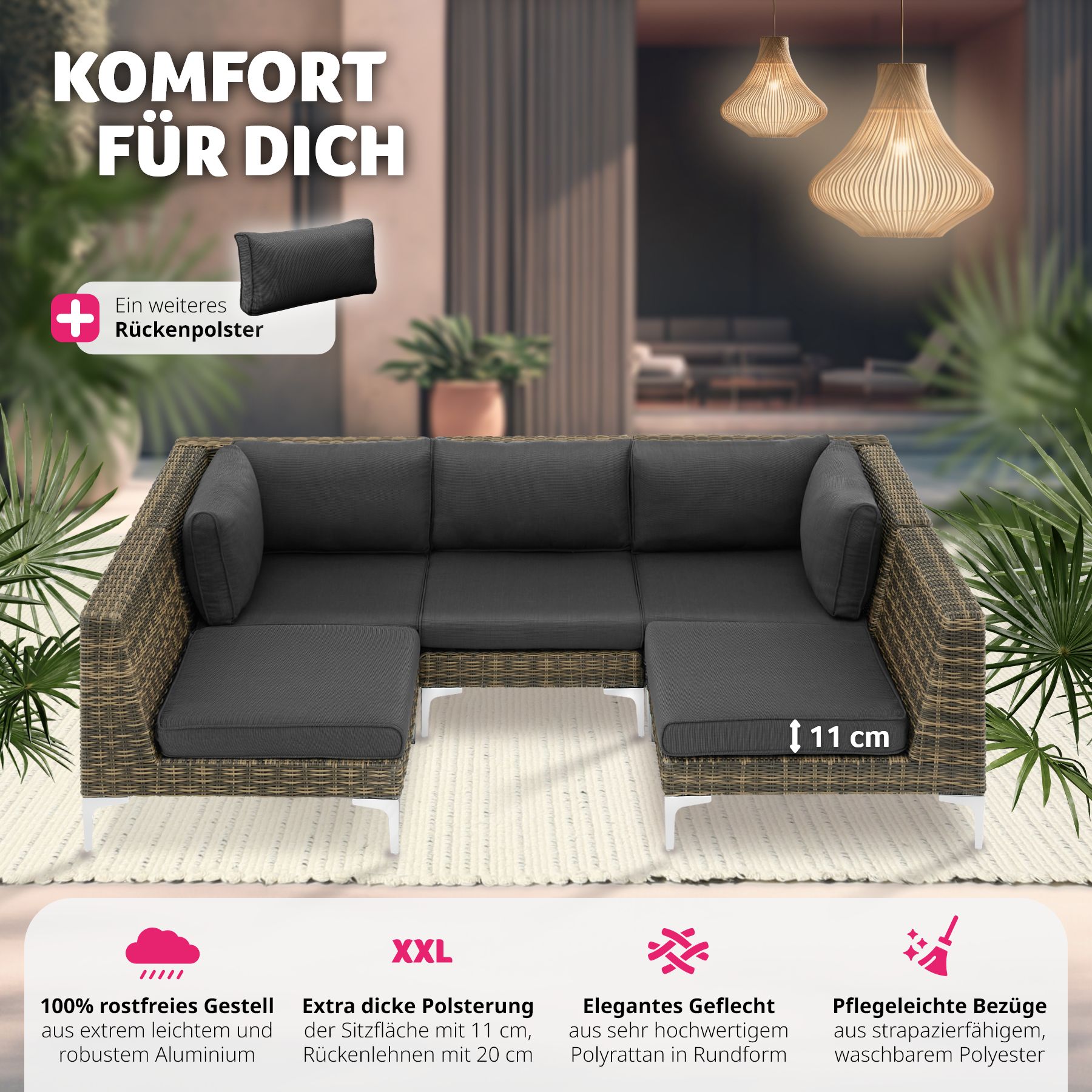 tectake® Modulares Rattanset, rechtes Eckelement mit Aluminiumgestell, hochwertiges Geflecht, 89 x 89 x 72 cm