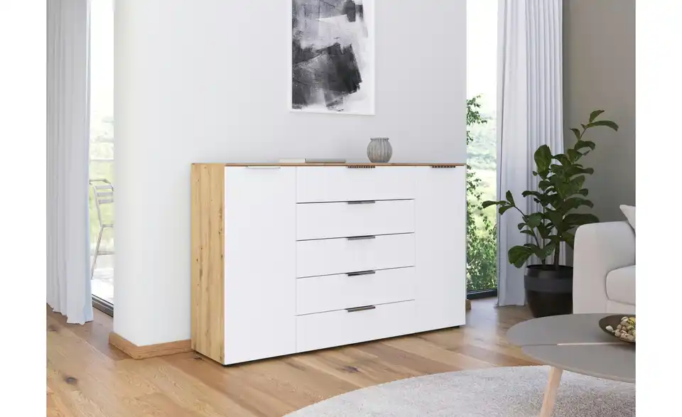 Sideboard Weiß, Eiche Artisan (Nachbildung) Front: Dekor, Oberboden: Dekor 160 cm verchromt