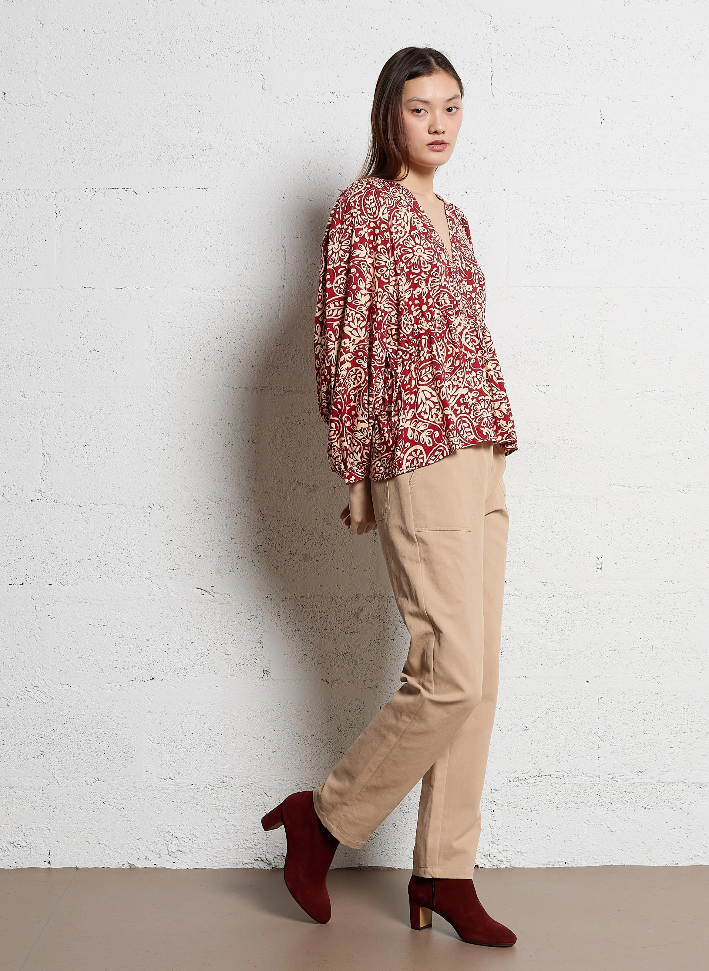 RYLESA - Pantalon droit en coton mélangé| Marron