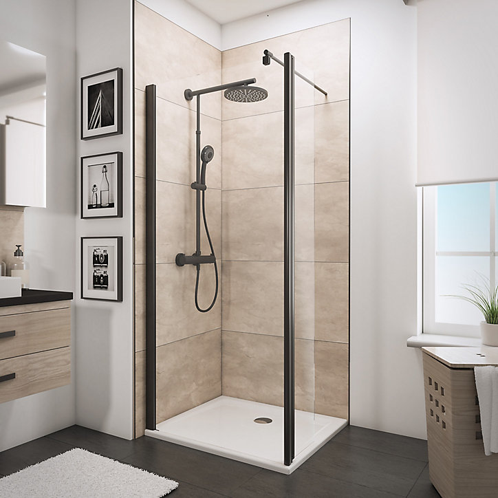 Paroi de douche fixe à l'italienne + déflecteur, 90 x 190 cm, Schulte NewStyle, Walk In, verre transparent anticalcaire, profilé noir