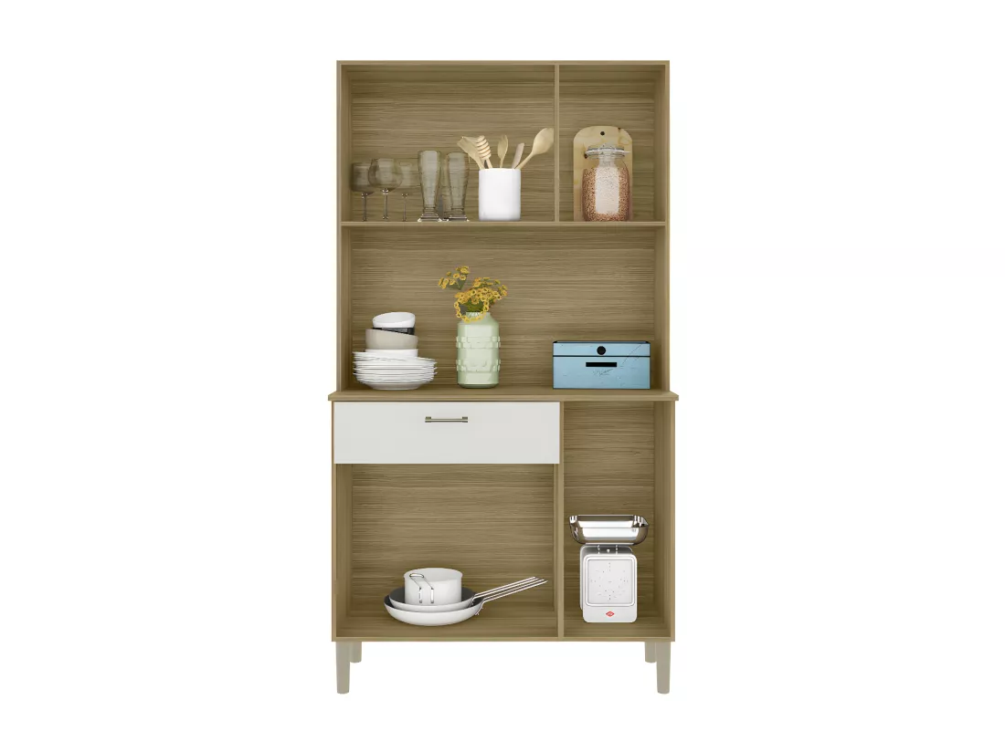 Buffet de Cuisine 6 Portes 1 Tiroir Chêne et Blanc 5 Niches L92 H170.5 P36.3 cm