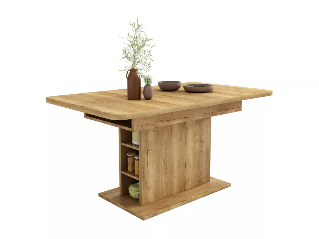 Table à manger extensible 4 à 6 couverts avec étagères de rangement - 110/130 x 70 x 75 cm - Panneaux de particules - Naturel