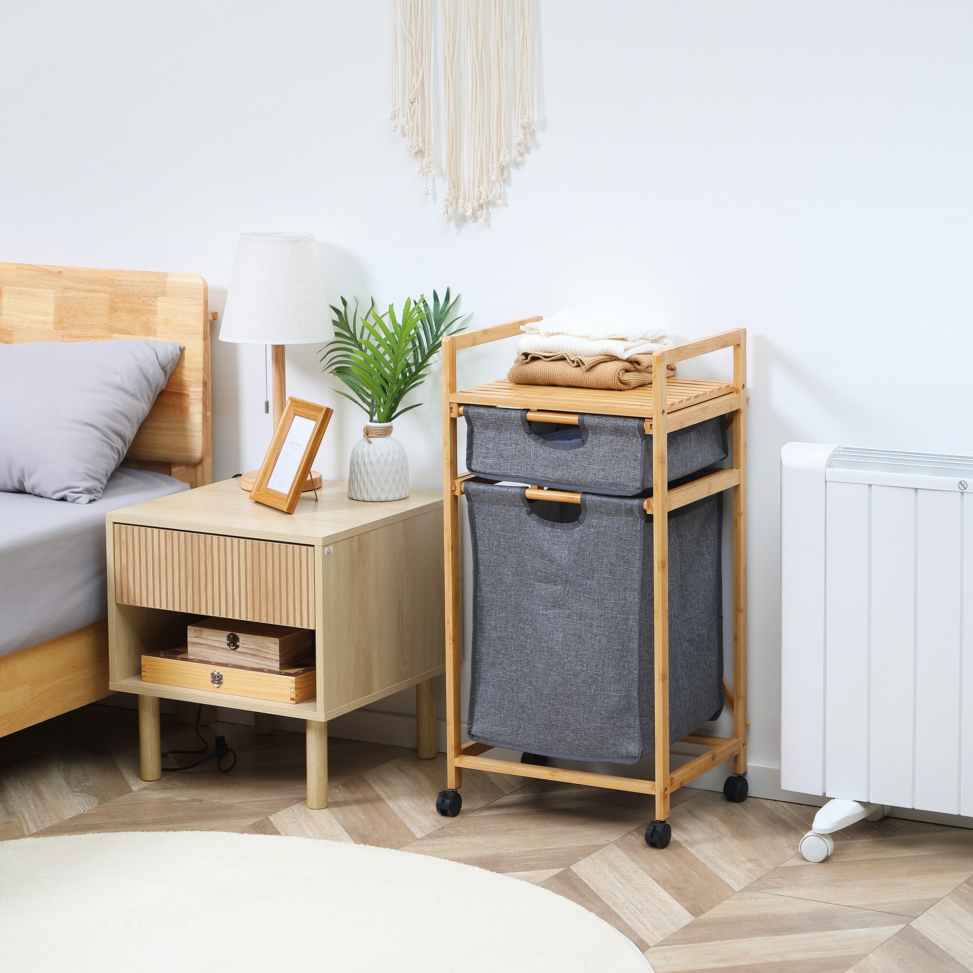 HOMCOM Wäschekorb mit Rollen grau, natur 42L x 35B x 84,5H cm