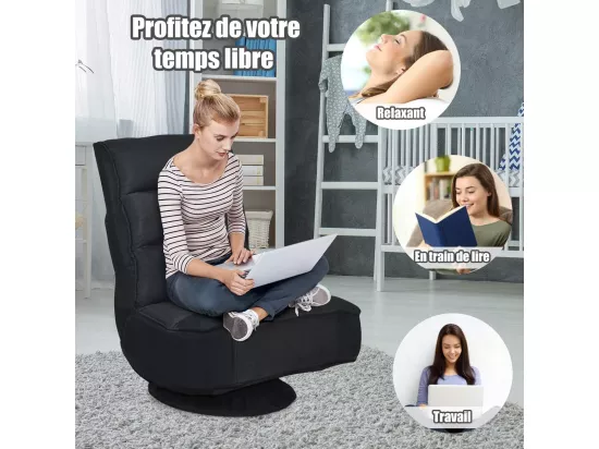 Chaise de Sol Pliable et Réglable en 5 Positions, Chaise Pivotante et Convertible Rembourrée Confortable, Fauteuil Salon Relax Sol Idéale pour Lire, Regarder la Télévision ou Jouer (Noir)