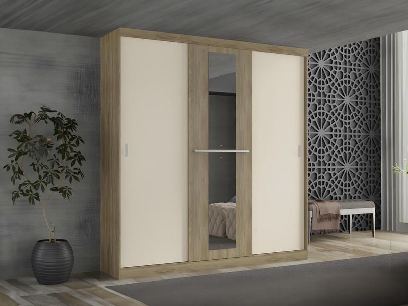 DIDDA II - Kledingkast - Naturel en Beige - 3 Schuifdeuren - Spaanplaat