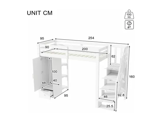 Lit en mezzanine, 90x200 cm, sans matelas, mains courantes, échelle escamotable, tiroirs, armoire, plusieurs étagères, espace combinable libre, blanc