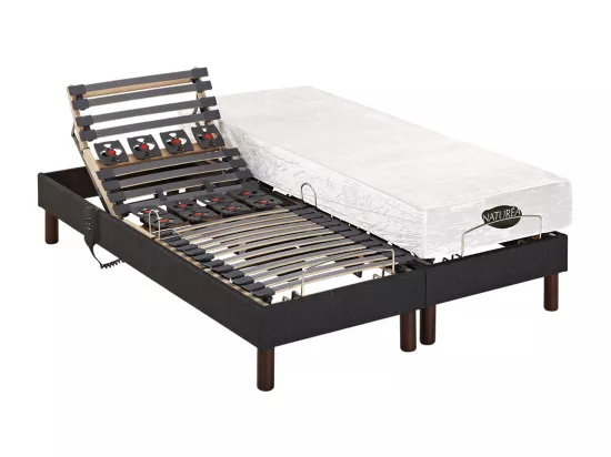 Lit électrique de relaxation déco lattes et plots + matelas mémoire de forme - 2 x 80 x 200 cm - Tissu - Anthracite - THESEE de NATUREA