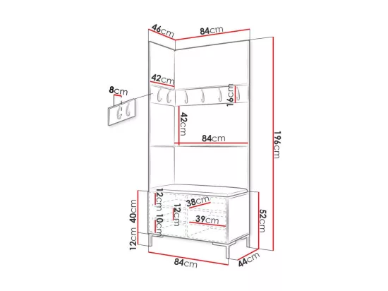 Meuble d'entrée Tivsoa 103, 196x84x46cm, Blanc, Stratifié|Faux cuir, À suspendre|À poser