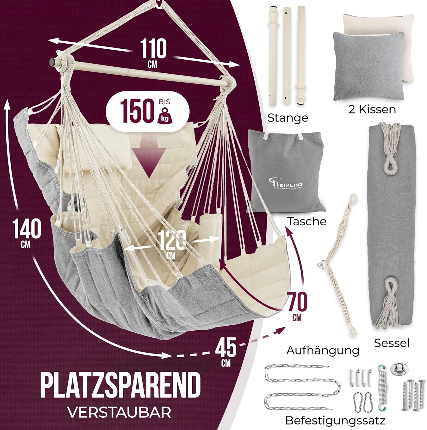 Hängesessel High-Class Outdoor & Indoor XXL [All Inclusive Paket mit Aufhängung + 3 Kissen] Kinder & Erwachsene bis 150 kg | Hängematte Wohn- Schlafzimmer, Garten Balkon Terrasse