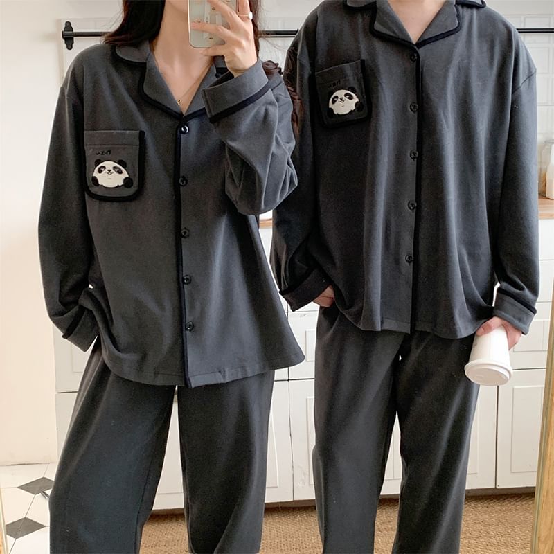 Siensien - Koppel bijpassende pyjamaset: shirt met lange mouwen, kraag, panda-applicatie en contrasterende rand + broek met rechte pijpen (verschillende ontwerpen)