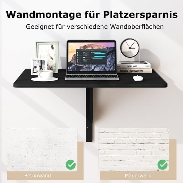 Vegghengt sammenleggbart bord Plassbesparende Kjøkkenbord Sammenleggbart Veggbord 80 x 60 cm Sort