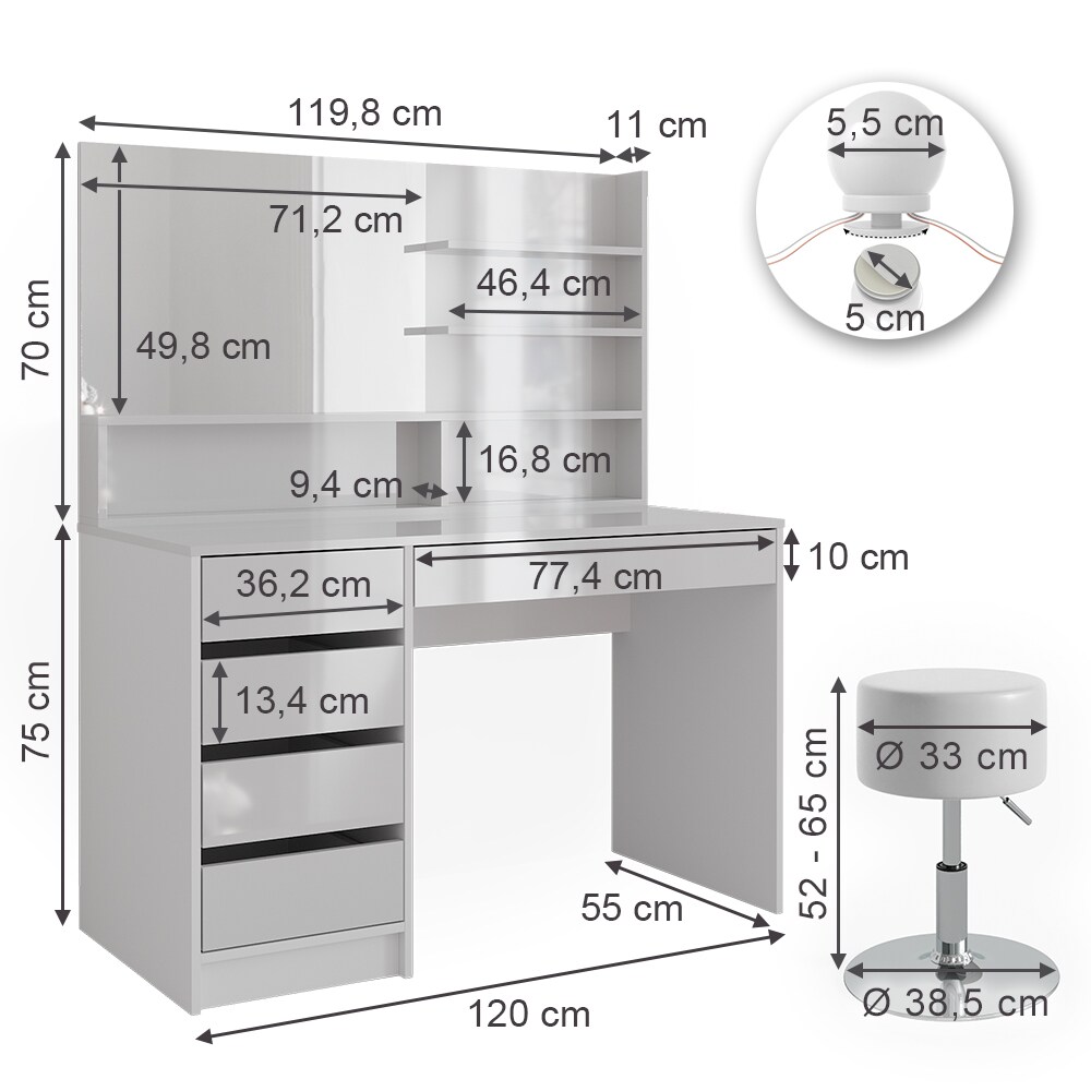Vicco Schminktisch Sherry Weiß Hochglanz 120 x 75 cm Spiegelregal LED & Hocker