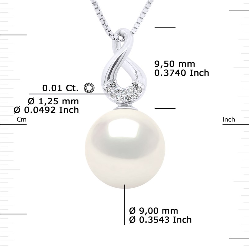 Pendentif HUIT - Diamants 0,11 Cts - Véritable Perle de Culture d'Eau Douce Ronde 9-10 mm - Or Blanc