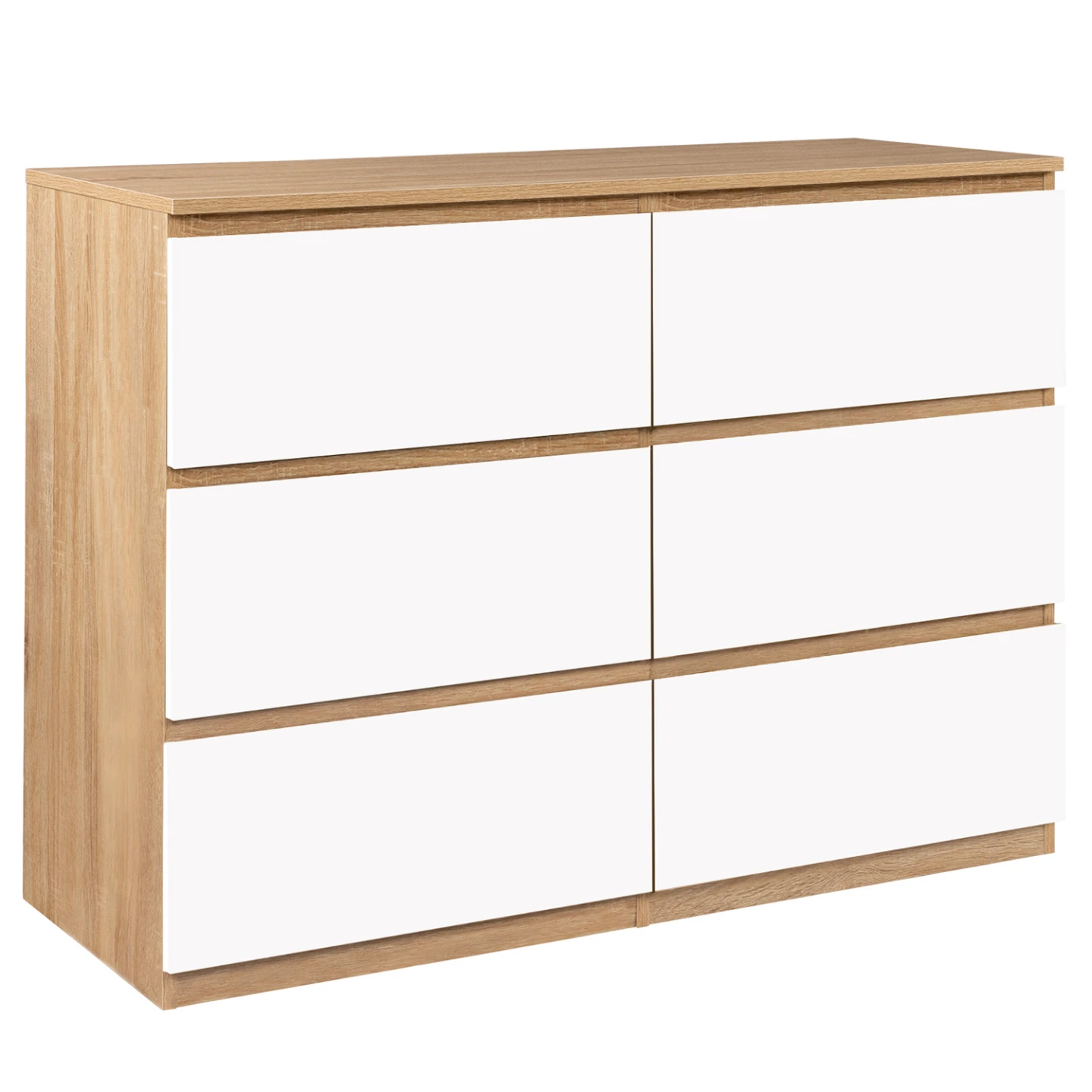 Commode 6 tiroirs TOMI 110 cm bois façon hêtre et blanc