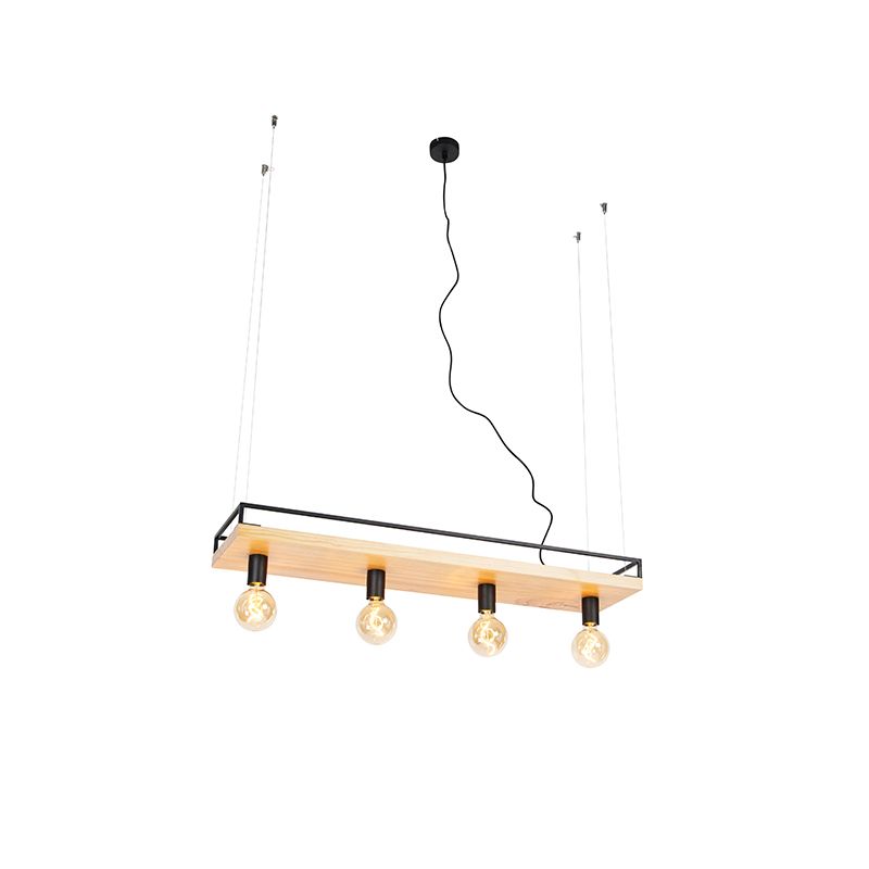 Industriële hanglamp zwart met hout 4-lichts - Shelf