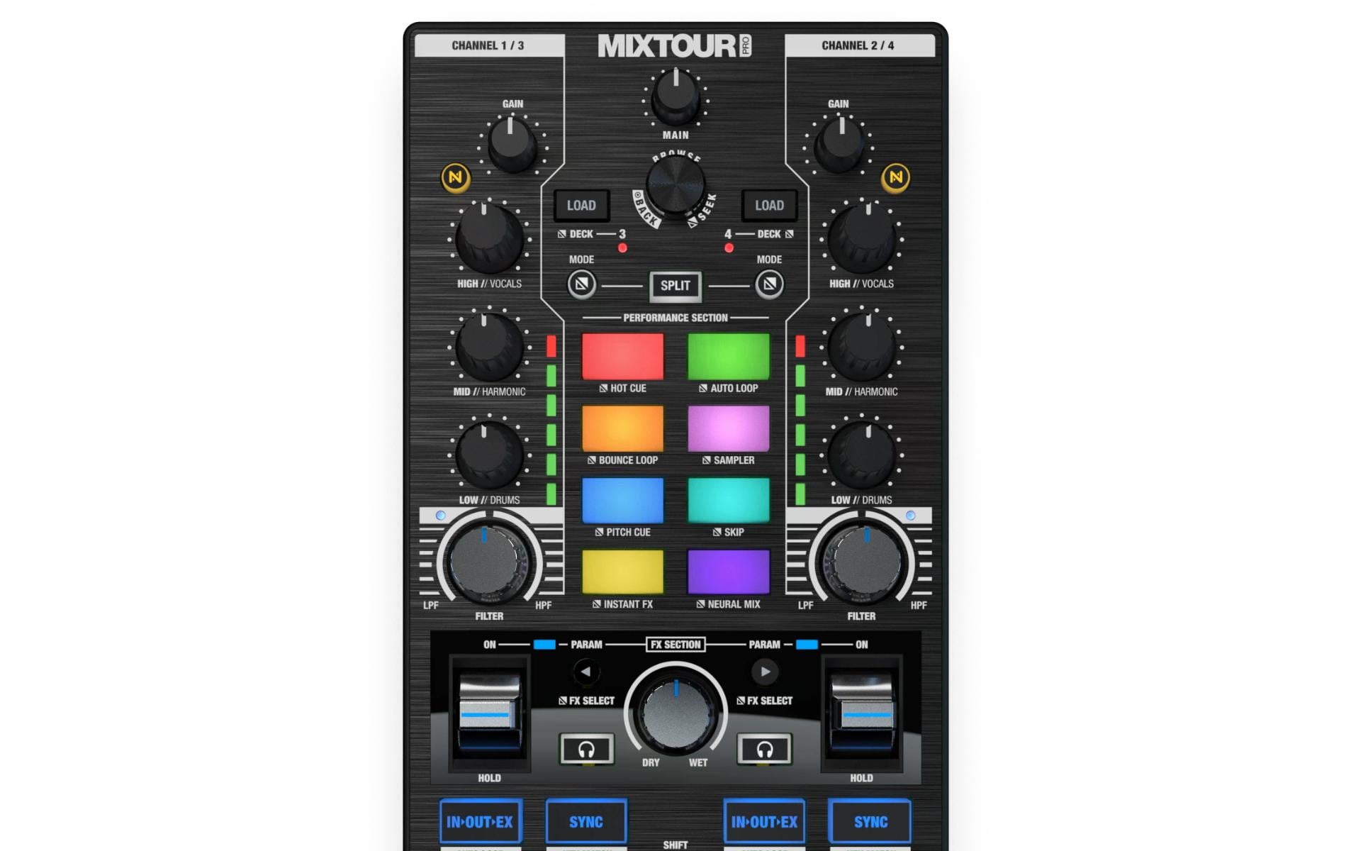 DJ-Controller Mixtour Pro<br>All-In-One 4-Deck DJ-Controller mit Audio Interface
