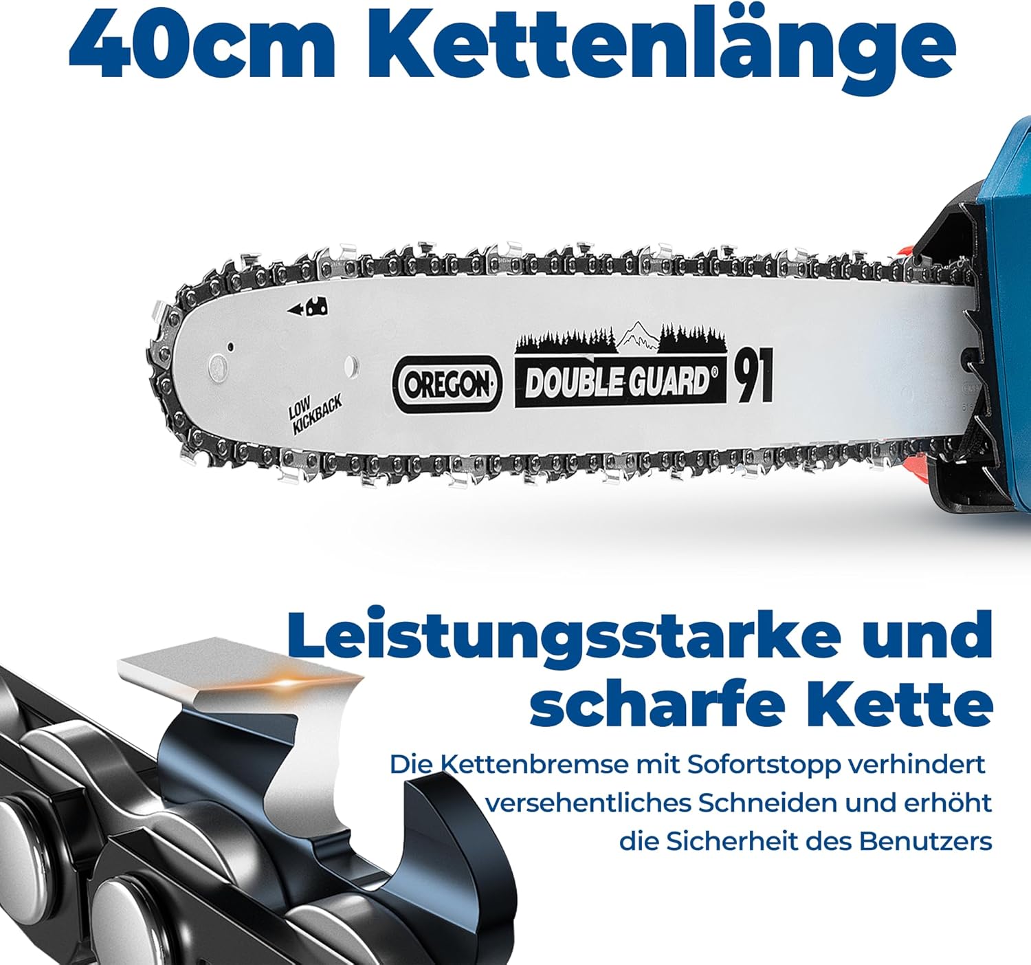 Dong Cheng Bürstenlose Akku Kettensäge 40V(2×20) V mit Oregon-Führungsschiene und Kette, werkzeuglose Kettenspannung, 38cm Schnittlänge, 14m/s Kettengeschwindigkeit für Holz und Gartenarbeit