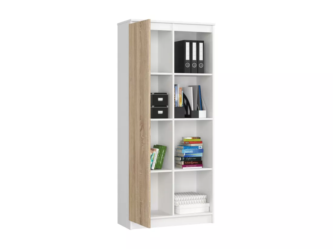 Bibliothèque de bureau AKORD R80 Blanche 80 cm 1 porte façade Chêne Sonoma mat 8 étagères 80x35x180 cm