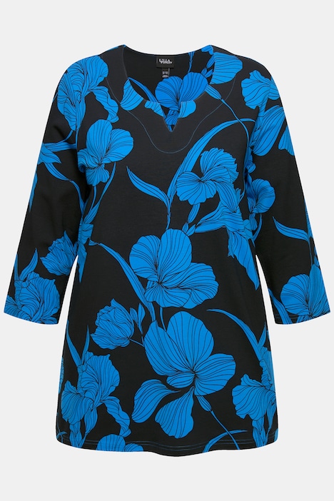 Shirt, Blüten, A-Linie, Tunika-Ausschnitt, 3/4-Arm