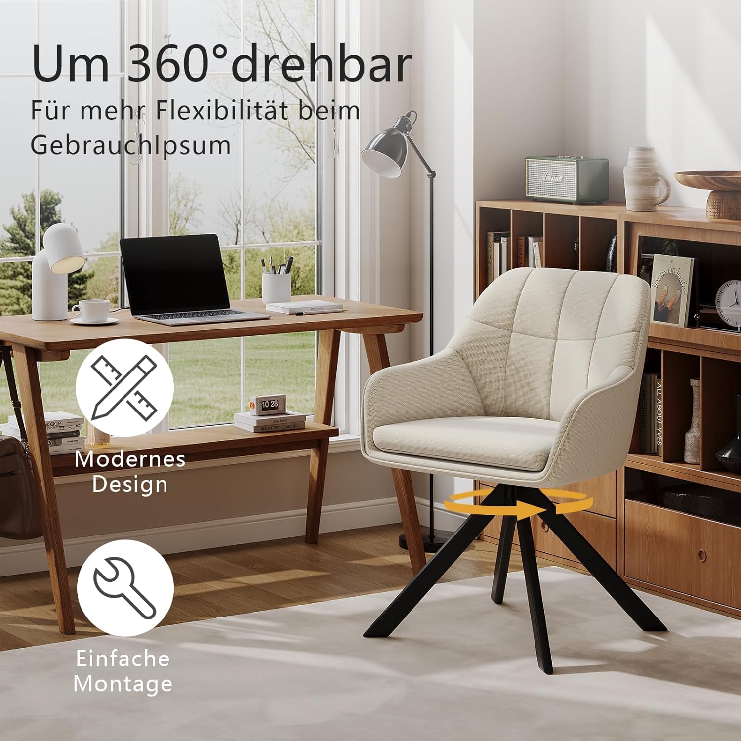 Drehstuhl Esszimmer Beige mit Armlehne, 4er Set drehbarer esszimmerstuhl, Küchenstuhl,Polsterstuhl, aus Polyester, mit Metallbeine für Esszimmer Küche Büro