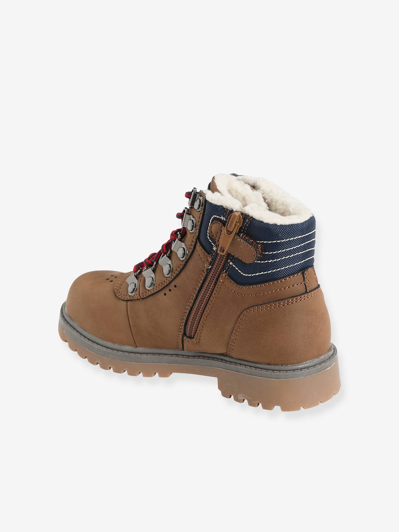 Botas de cano curto com zíper e cadarço, para meninos, marrom médio liso
