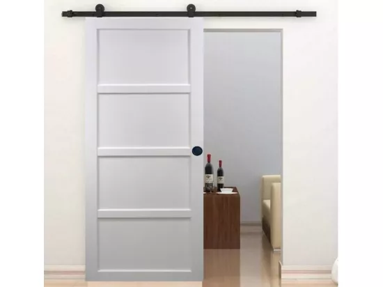 Porte Coulissante Tamera Blanc 4 Panneaux H204 X L93 + Rail à Roulettes Et 2 Coquilles Noir Gd Menuiseries
