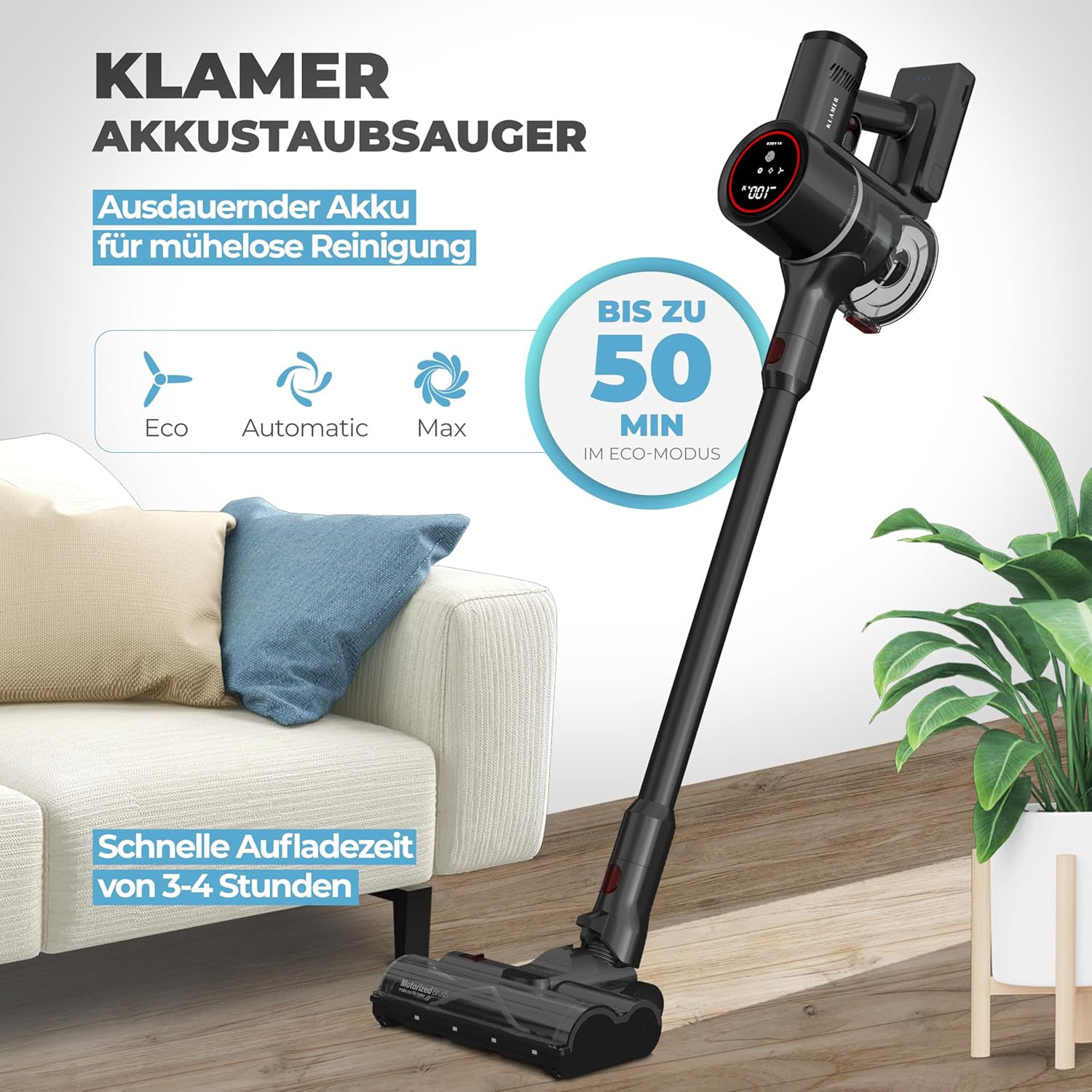 KLAMER Akku Staubsauger, 2-in-1 Staubsauger kabellos & Handstaubsauger, Akkulaufzeit bis 50 min, Akkustaubsauger mit HEPA Filter für Teppich, Auto & Hartböden