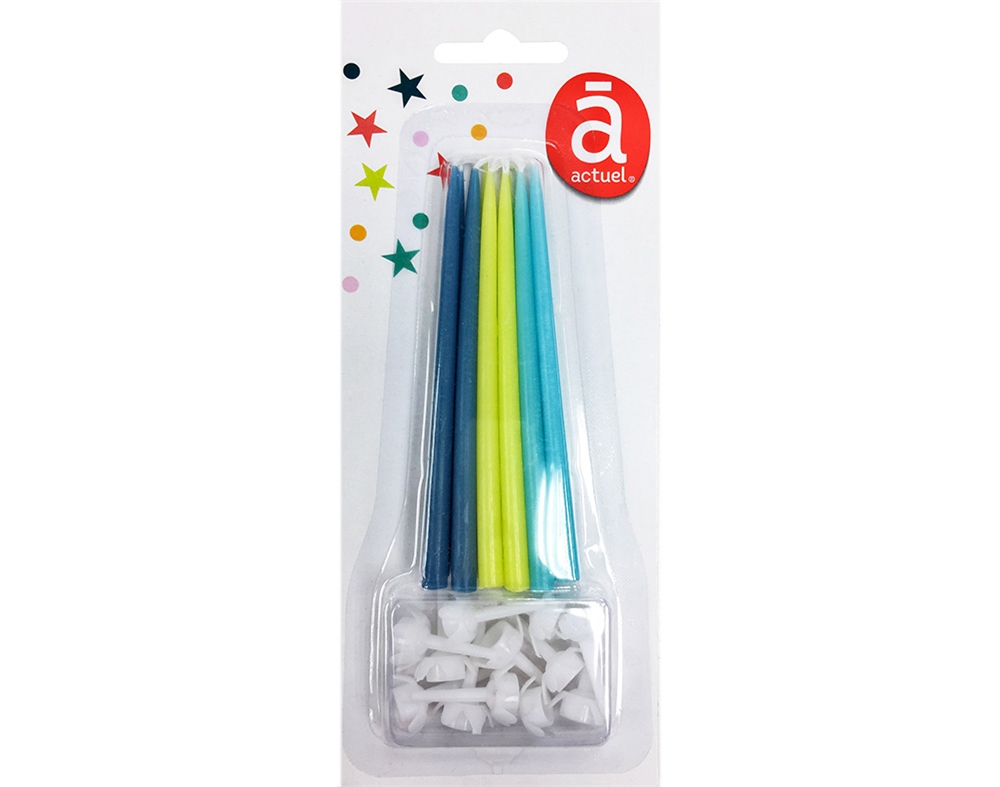 VELAS FINAS DE ANIVERSÁRIO ACTUEL AZUL ESCURO. VERDE E AZUL CLARO PACK 12 UNIDADES