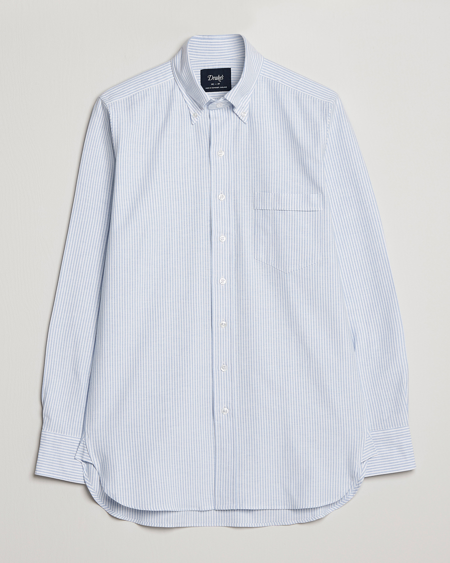 Drake's Striped Button Down Oxford Shirt Blue