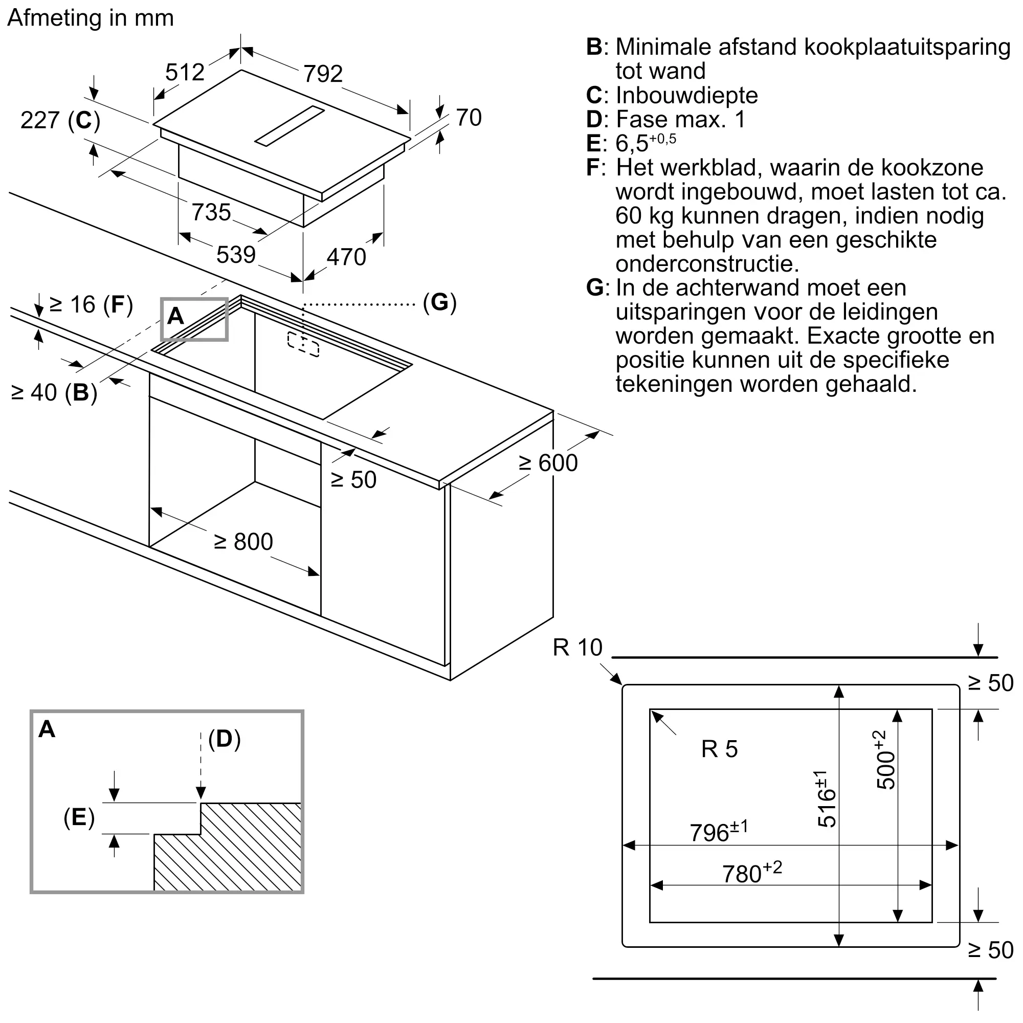 Serie 6 Inductiekookplaat met afzuiging 80 cm verzonken montage