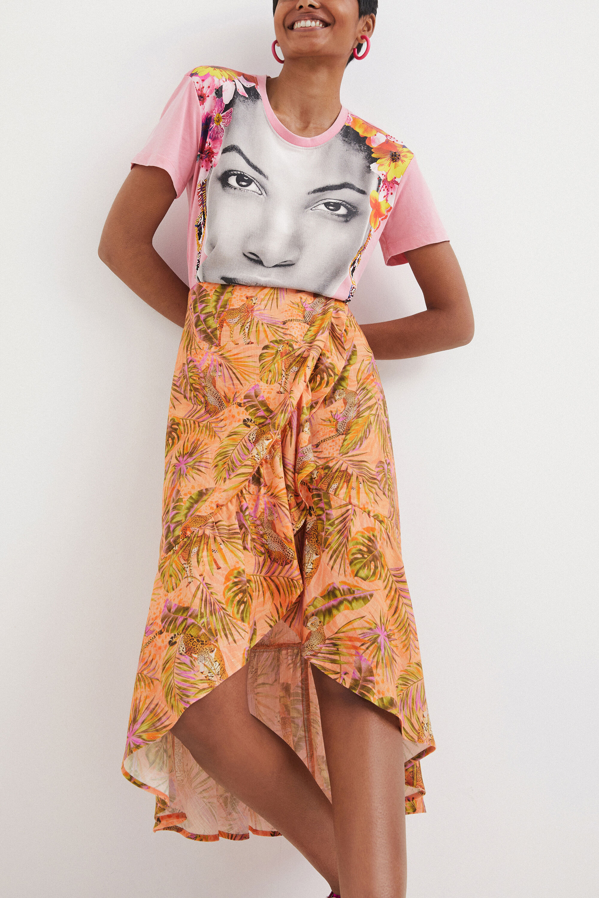 Jupe midi tropicale à volants