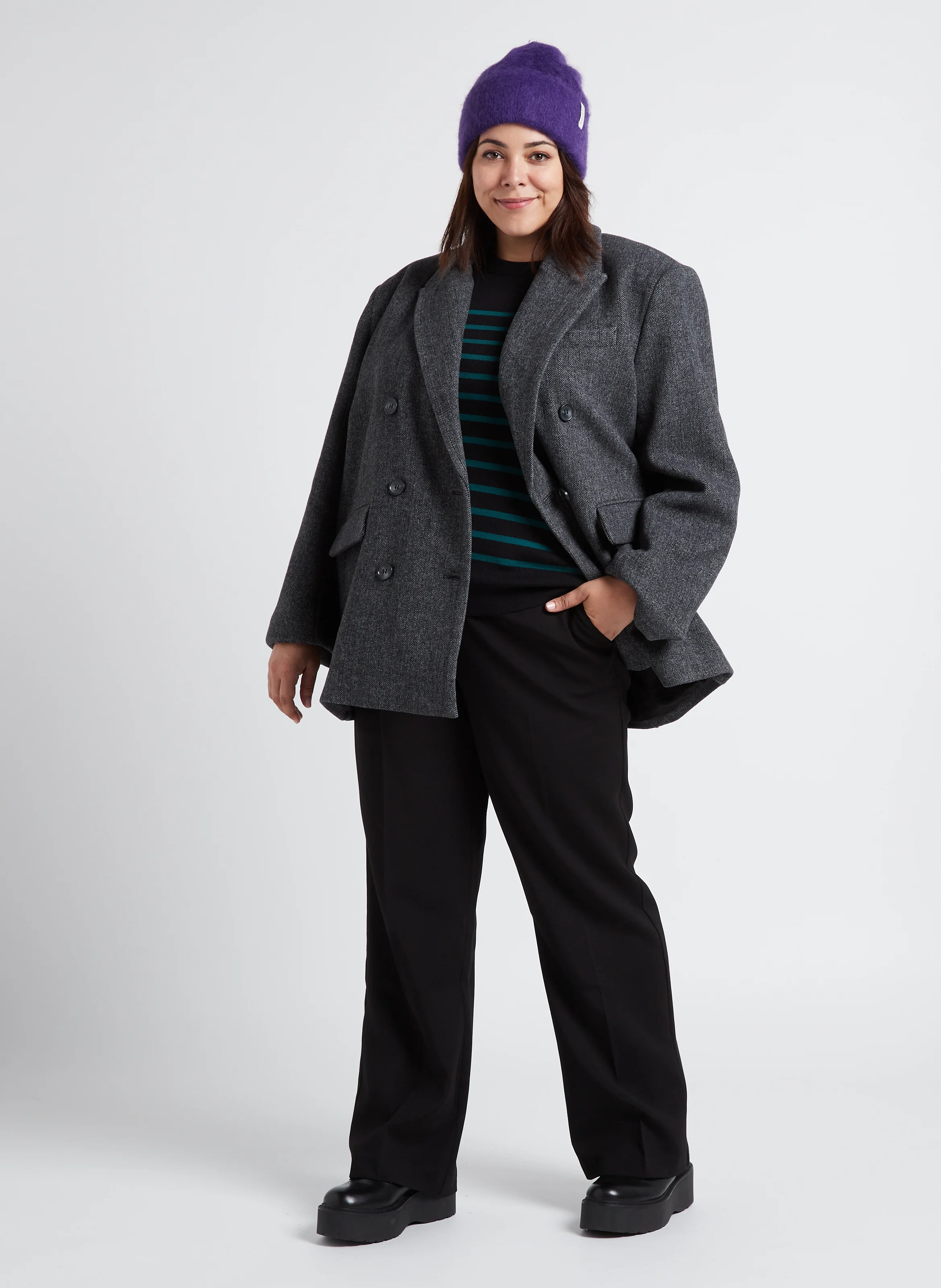 Manteau mi-long col tailleur à chevrons en maille mélangée | Gris