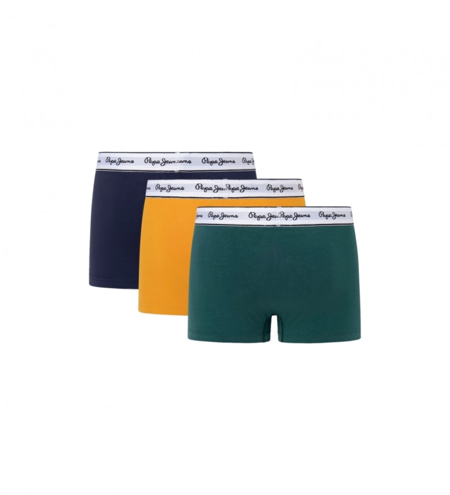 Pacote com 3 cuecas boxer lisas da Pepe Jeans, nas cores azul-marinho, amarelo e verde.