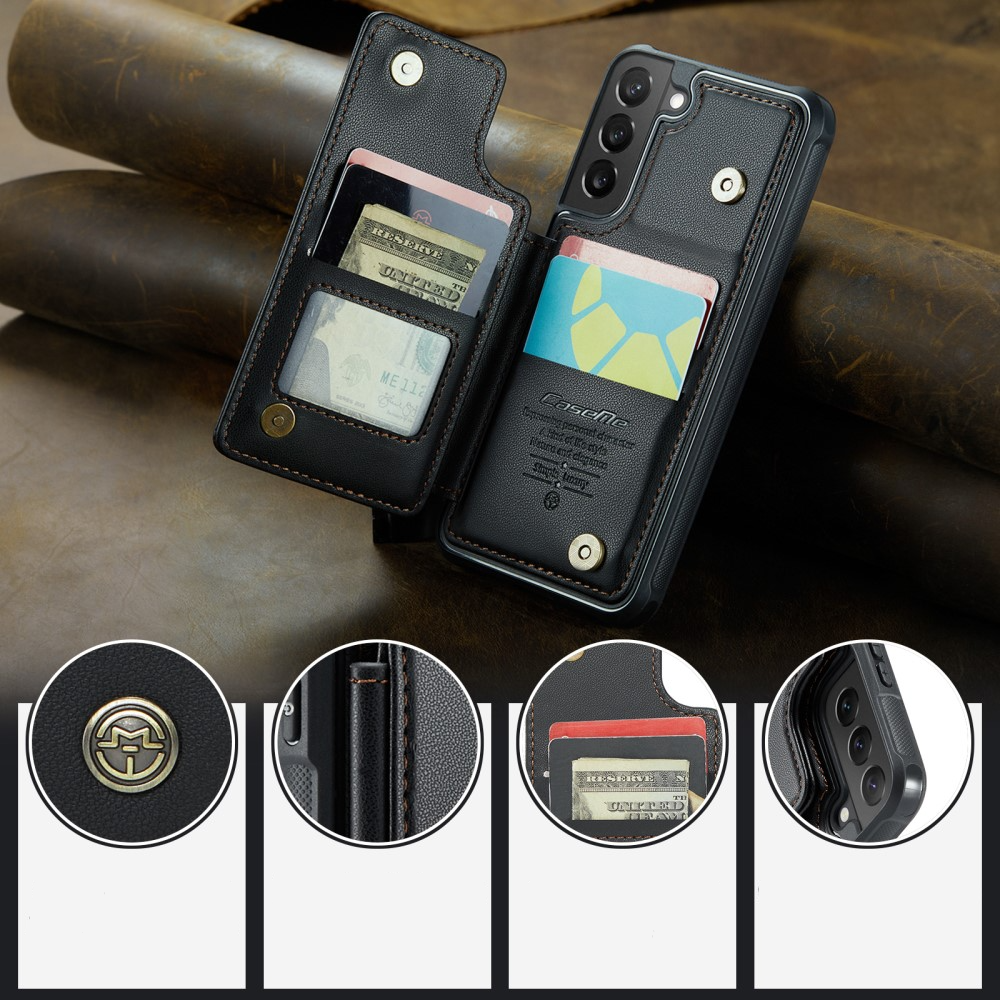 Samsung Galaxy S22 5G Leder Hülle mit Kartenfächern im Litchi Look   Kickstand (RFID Schutz) - Schwarz