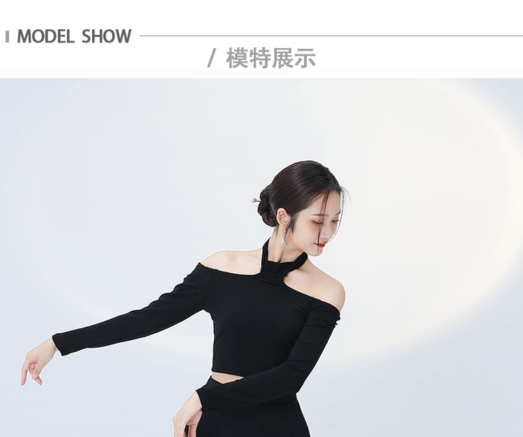 Lydiah - Set: Cold-Shoulder Dance Crop Top + High Waist Inset Shorts Slit Rok
