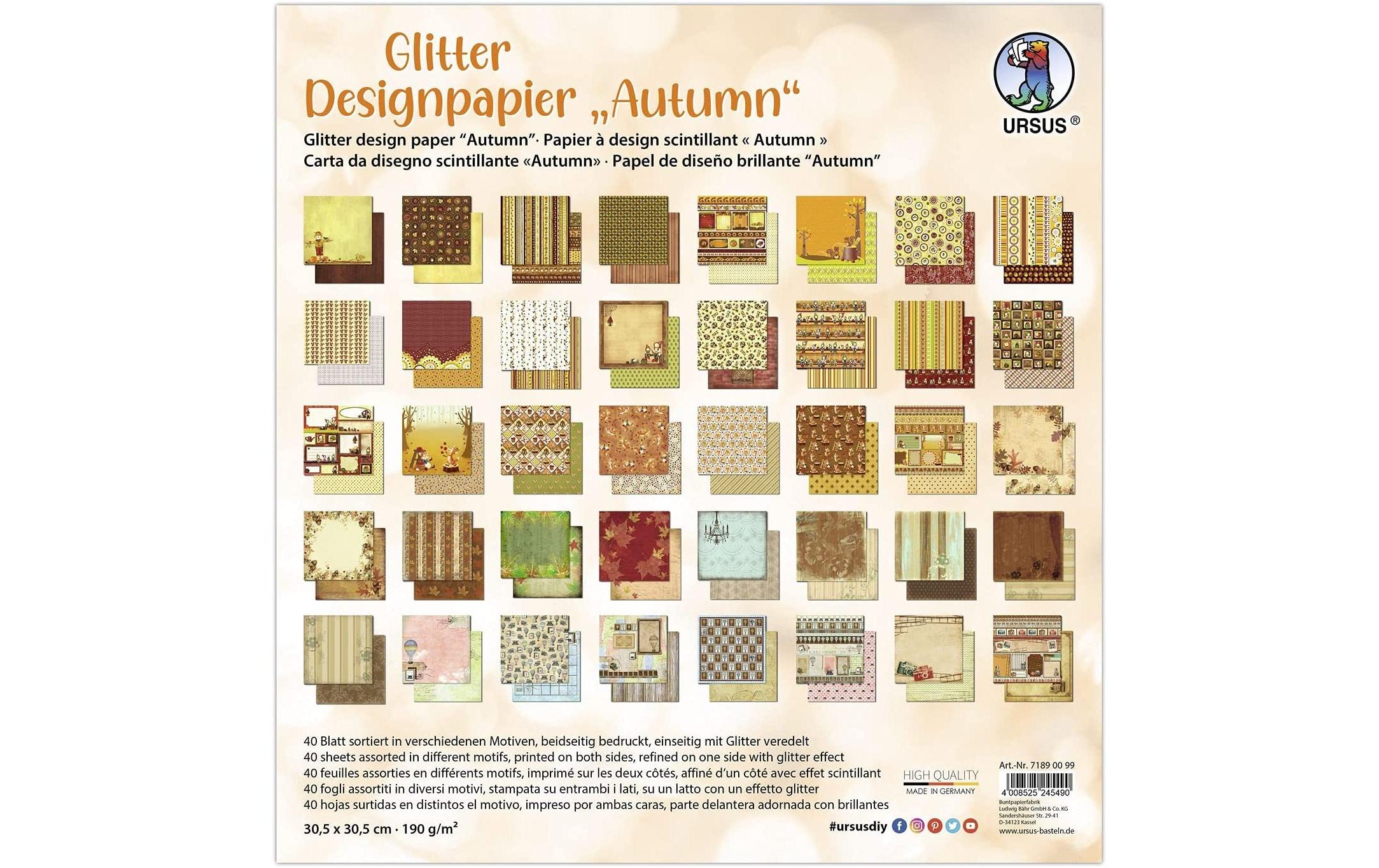 Designpapier Glitter Herbst 40 Blatt, 190 g/m²Dickes Papier zum Basteln Thema Natur / Wald / Holz / Herbst