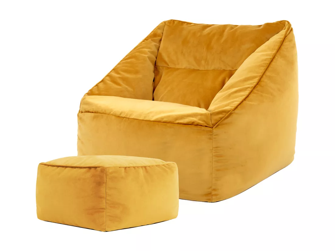 Pouf fauteuil avec repose-pied carré velours jaune ocre - NATALIA