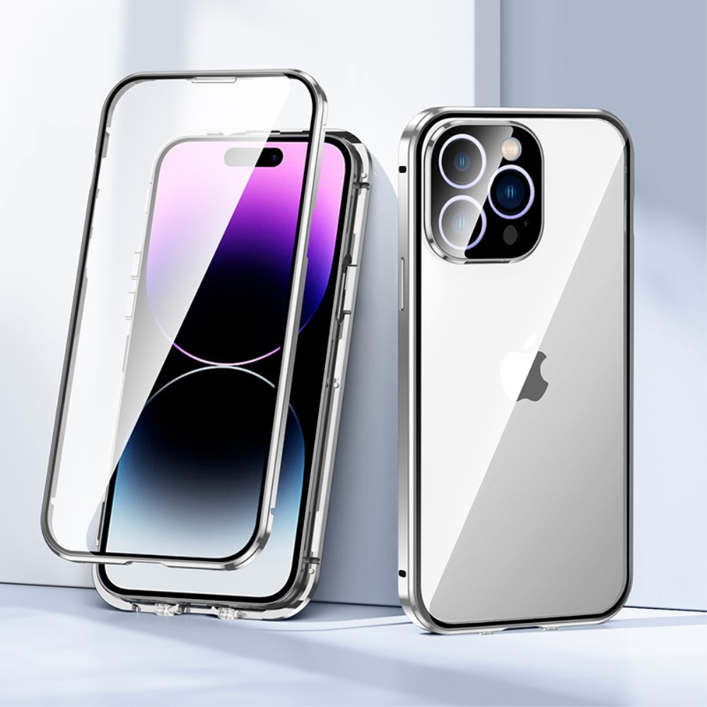 iPhone 14 Pro Magnetische Alu Schutzhülle mit Panzer Glas Backcover   Display- / Kameraglasschutz (Magnet-Technologie) - Silber