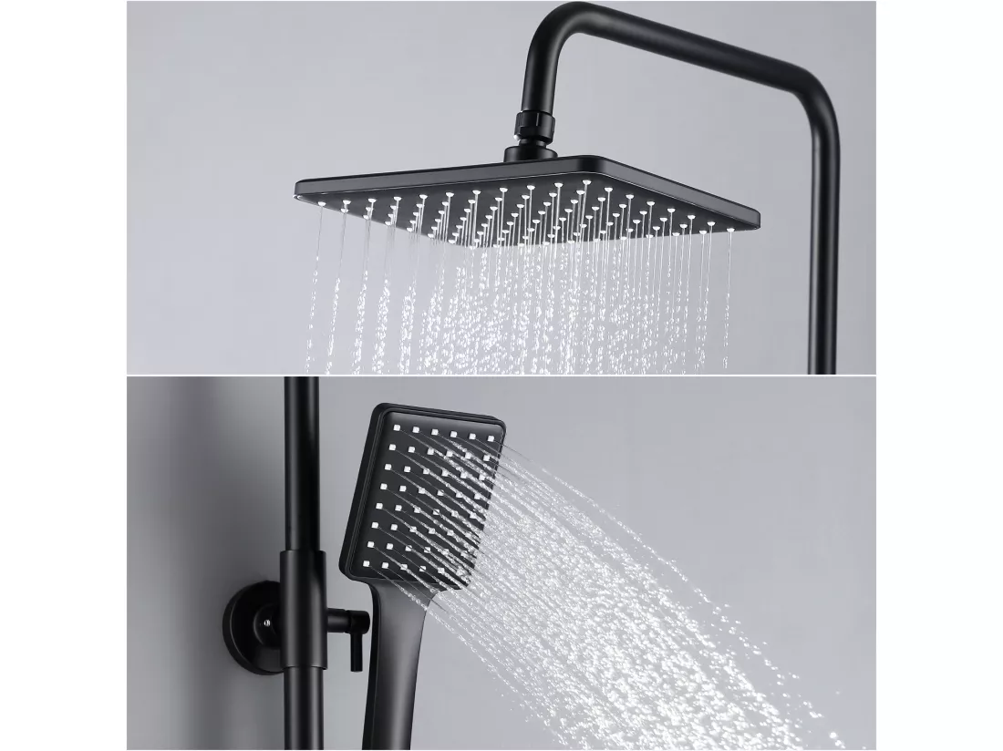 Colonne de Douche Noir 2 Fonctions Ensemble de Douche en Laiton avec Douchette de tête rectangle, Haute Réglable 90-120 cm