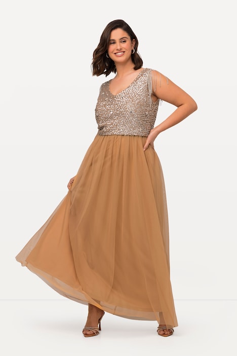 Maxikleid, Pailletten, V-Ausschnitt, ärmellos