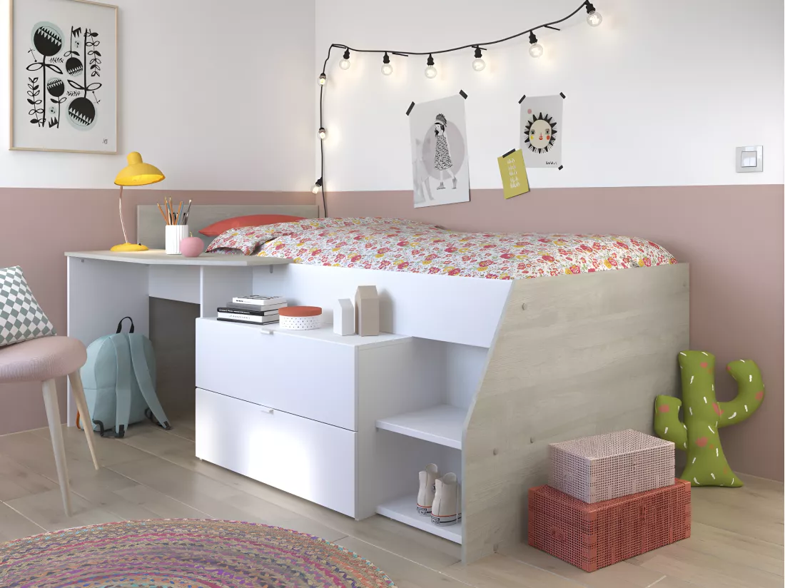 Lit avec bureau et rangements - 90 x 190/200 cm - Blanc et naturel + Sommier - GISELE