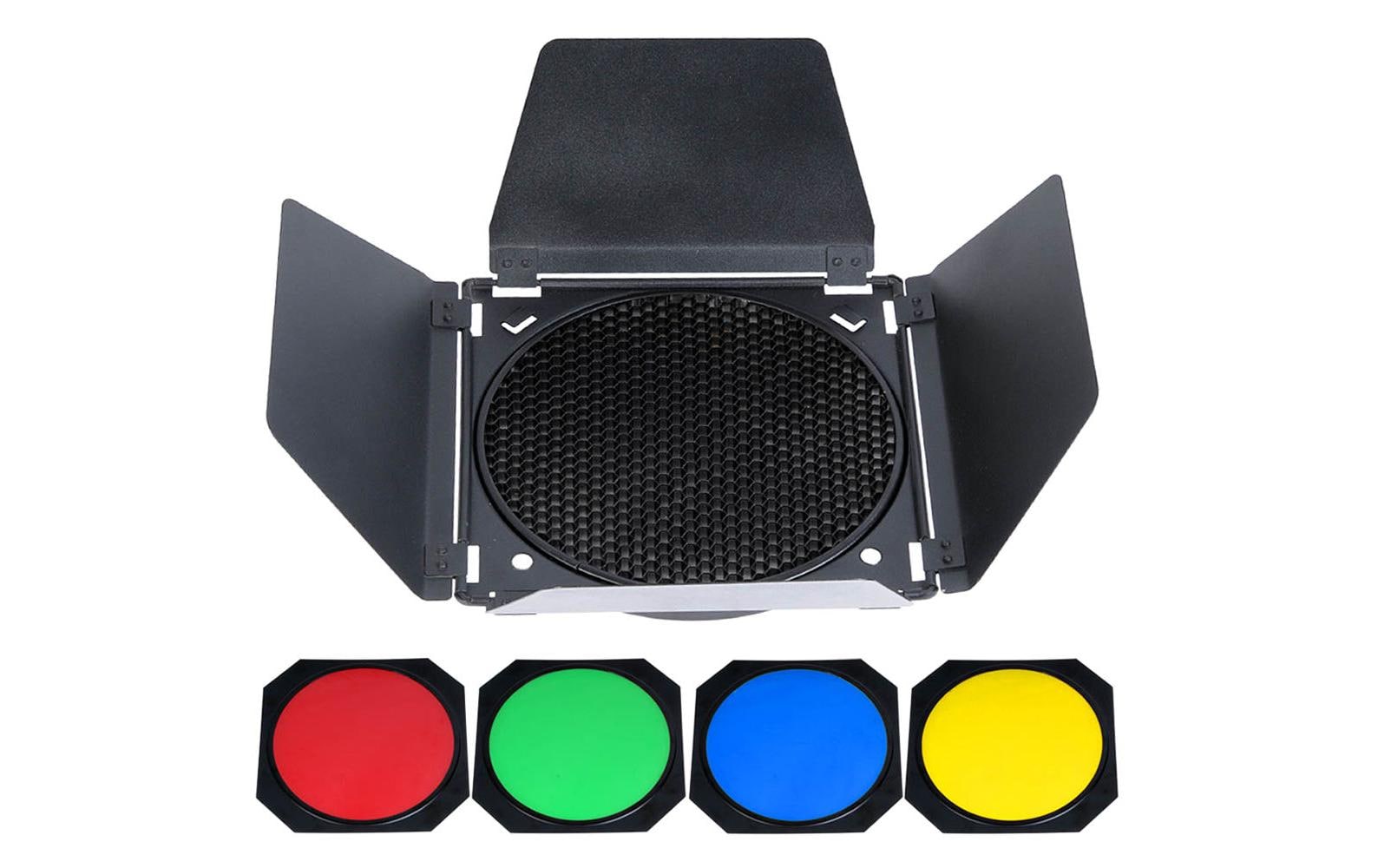 Abschrimklappe BD07 inkl. Gel-FilterBarndoor Kit mit vier farbigen Gel-Filter für die AD200
