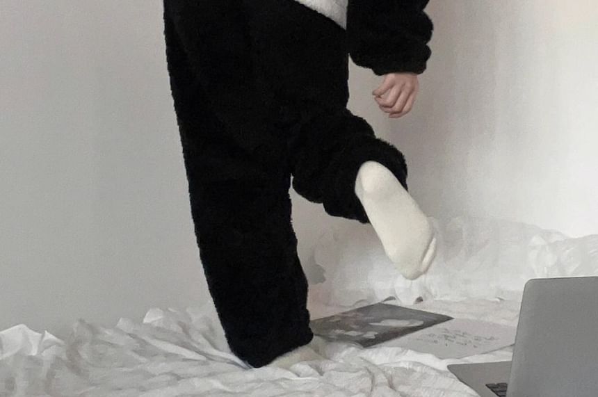 GOUB - Pyjamaset: Lange mouwen, fleece top met capuchon en pandamotief, knopen en broek
