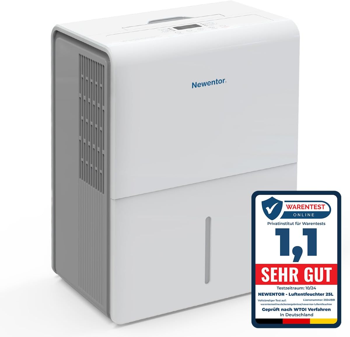 Newentor Luftentfeuchter 25L/24h, Für 215m³/80m² Räume - 3 fache Geräuschreduktion - Stromsparender Chip - Einfache Bedienung - 10 J. Gar. - Mit 1M Ablaufschlauch&Abnehmbarem Filter, Timer