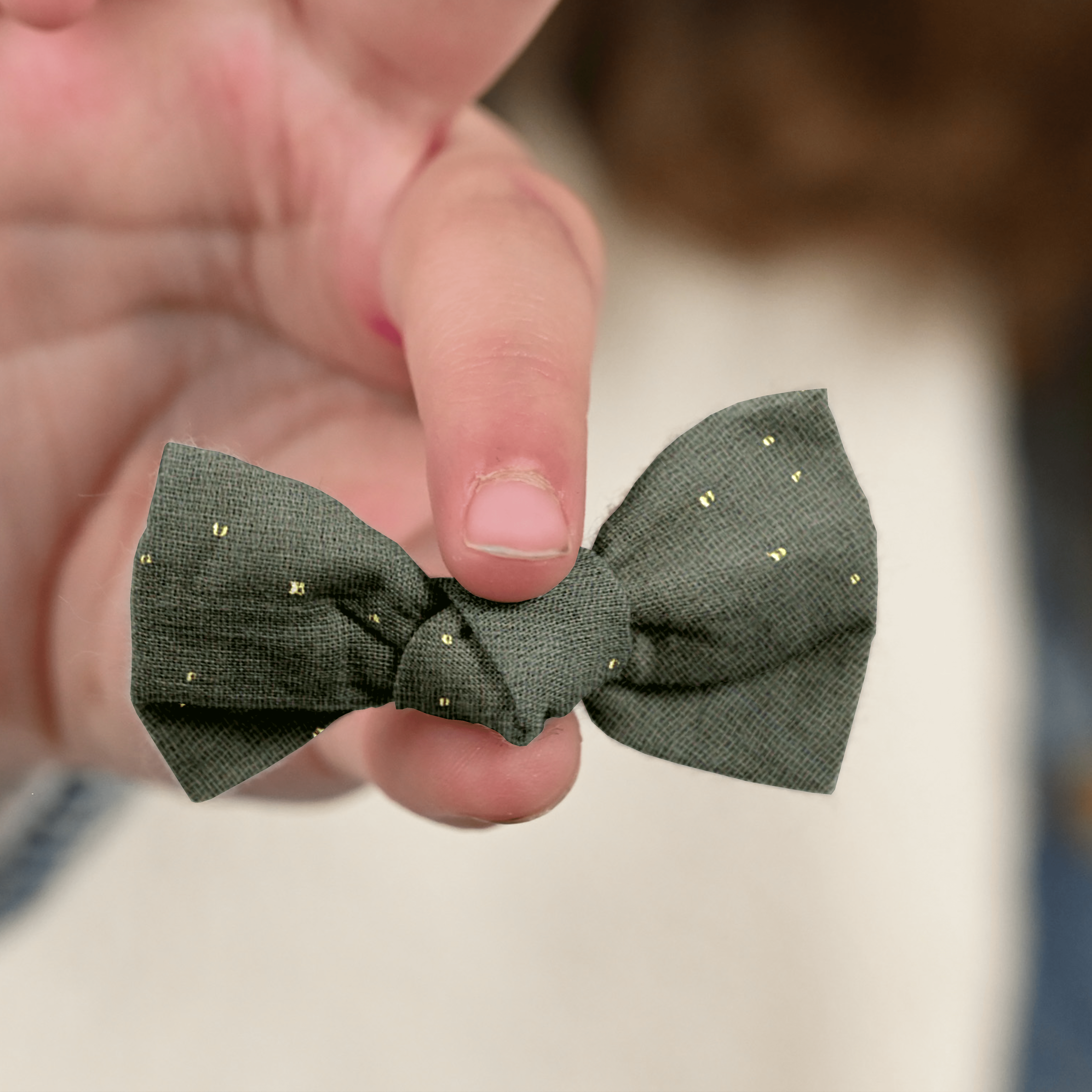 Barrette Petit Noeud Gaze Pois Or Kaki